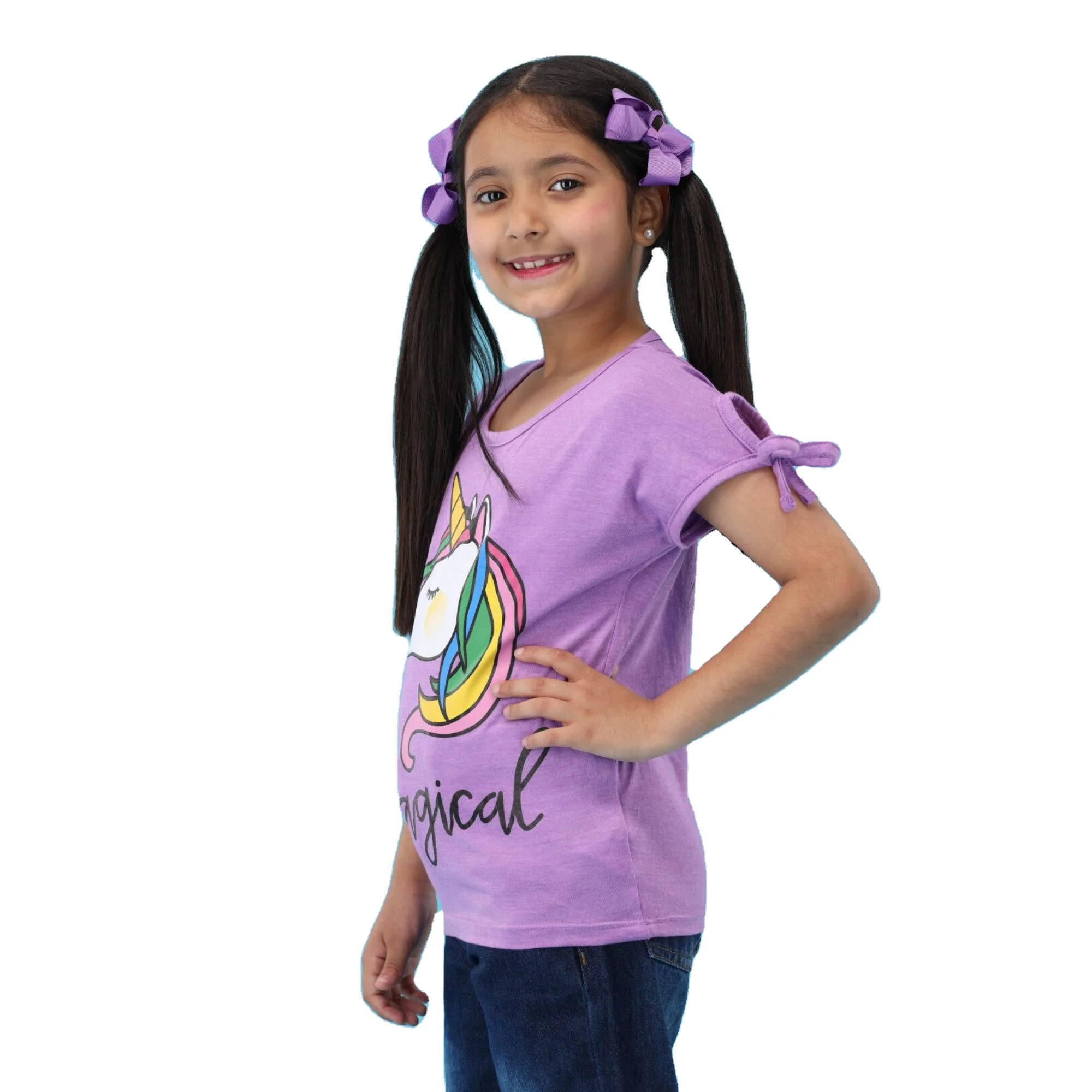 Custom Graphic 100% Knitted Pure Combed Cotton Fabric Regular Length Cap Sleeves Light Purple T-Shirt for Girls