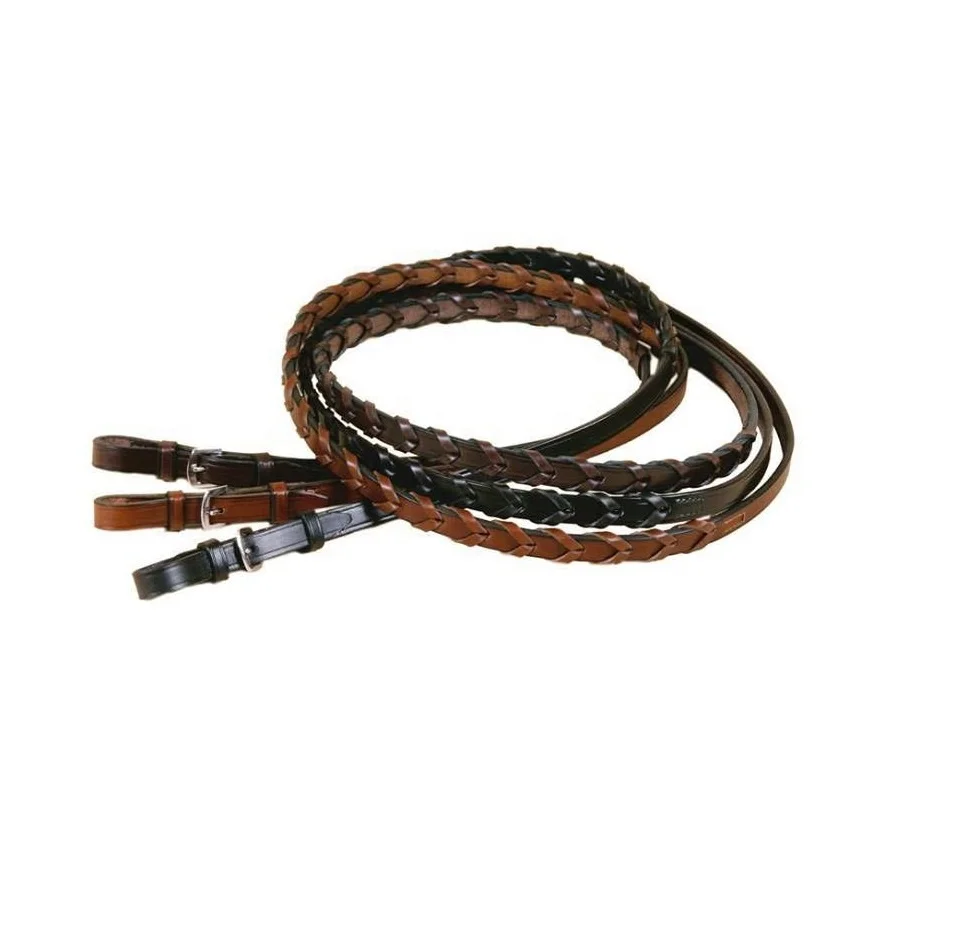 LEATHER LACED REINS FOR HORSE BRIDLE WITH STUD OR BUCKLE COLOR BLACK BROWN HAVANA TAN LONDON MANUFACTURER