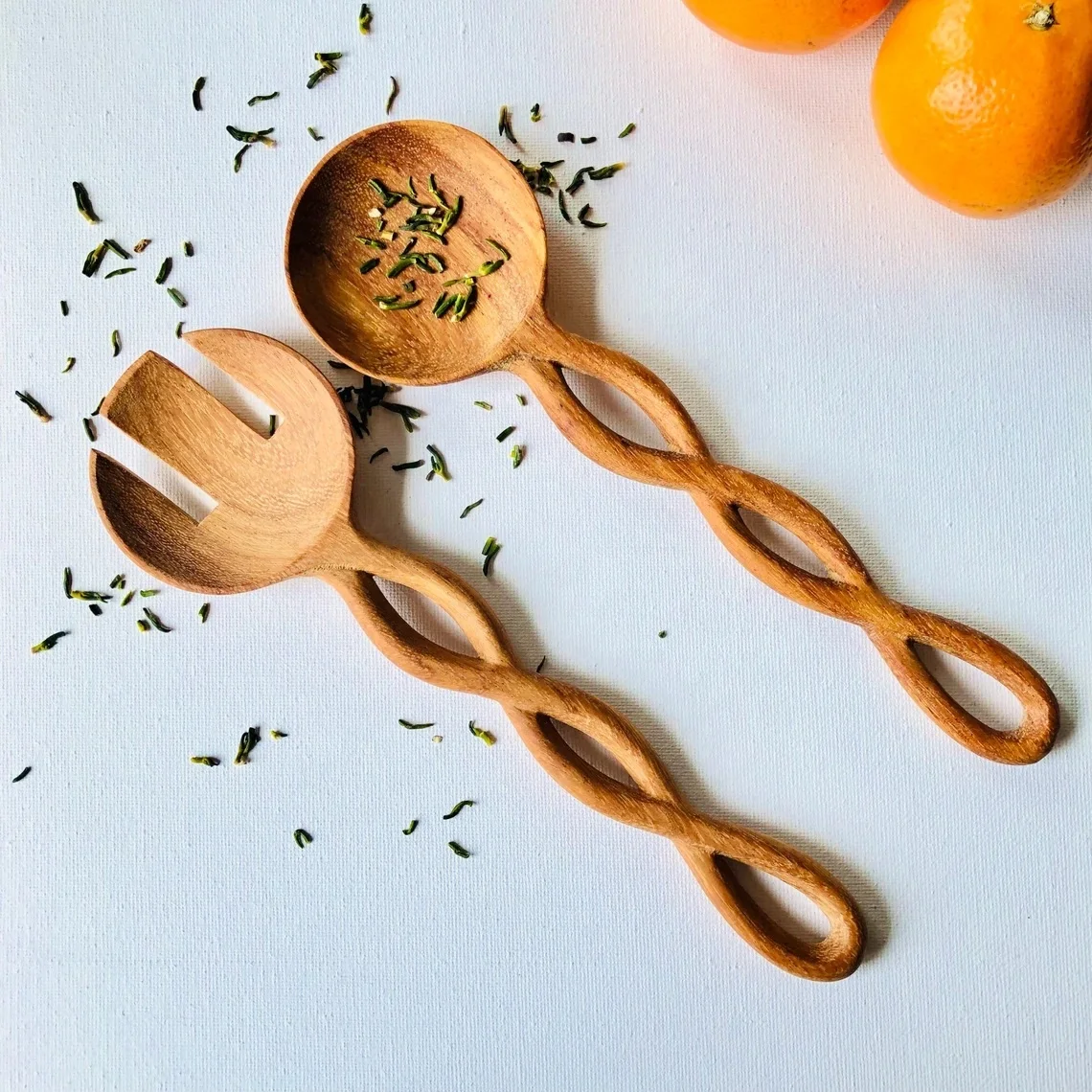 Ручной работы большой сервера салата ложки витой спираль образная ручка комплект из 2