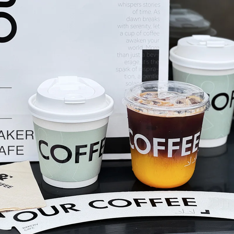 Bio Custom Printing Logo Coated Double Wall Ripple Wall Paper Cup Compostable Coffee Beverage Paper Cup For Cold Drinks With Lid