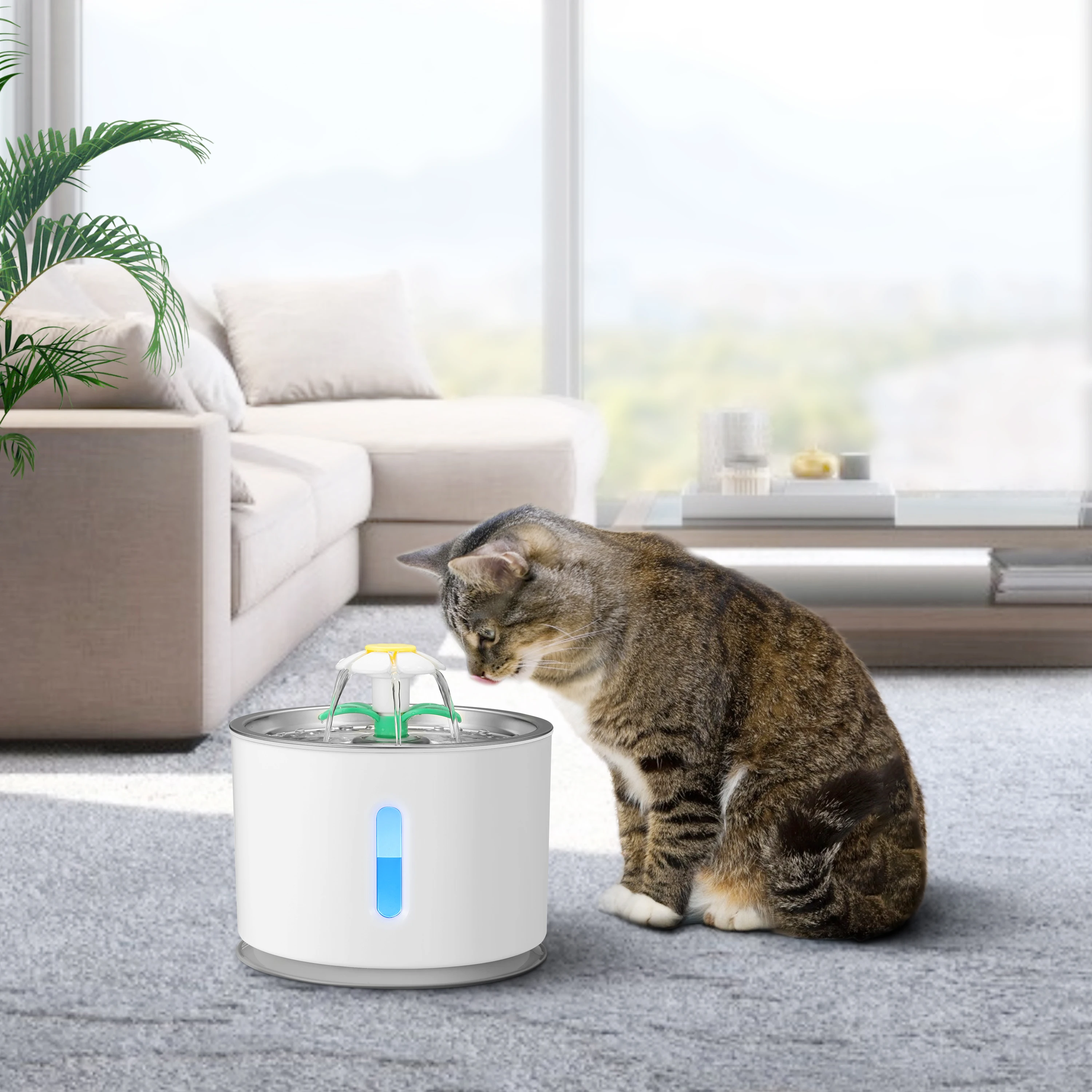 Petwant 2.4L 3 Filters Stainless Steel Smart Cat Fountain Silent Pump Water Shortage Alert Automatic Pet Water Dispenser