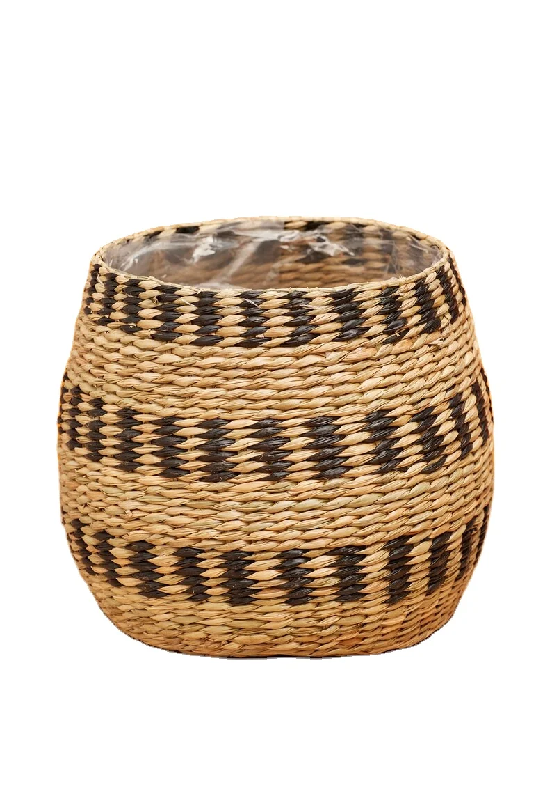 Seagrass Handmade Woven Basket with Black Paint and Cotton Hair Balls for Decoration or Plant Pot Hot Sales 2024