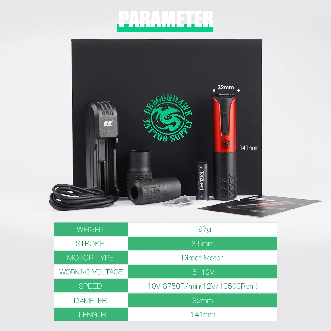 Dragonhawk Armor Wireless Rotary Tattoo Pen Machine with Replaceable Batteries
