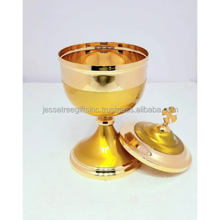 Brass Church Ciborium With Shiny Polish & Yellow Enamel Finishing Round Shape Genuine Quality Cross Inlay On Lid For Drinking