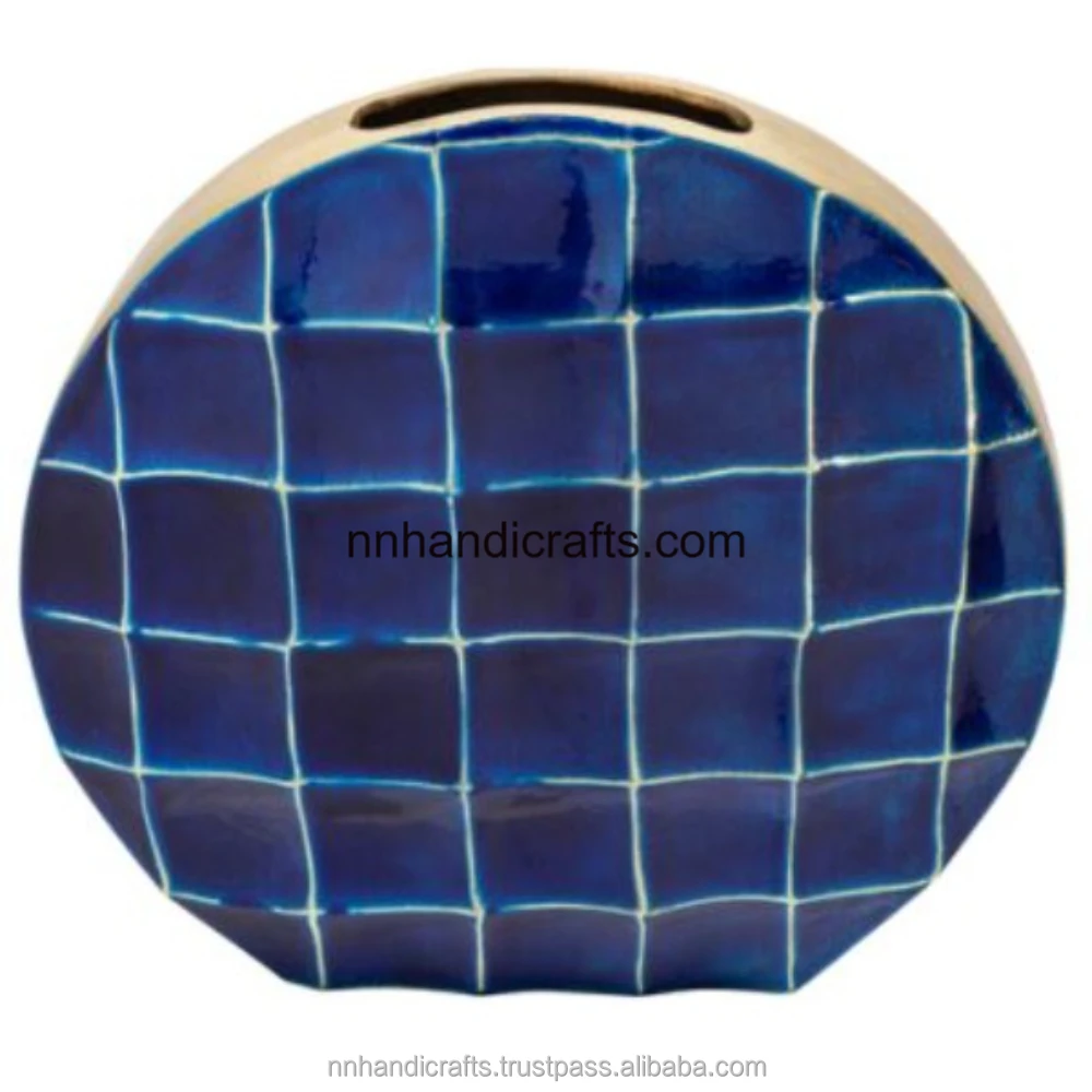 Null Casted Aluminium Cast Metal Golden Powder Coated Blue Round Circular URNs & Jars Table Vase Modern Unique Other Floor