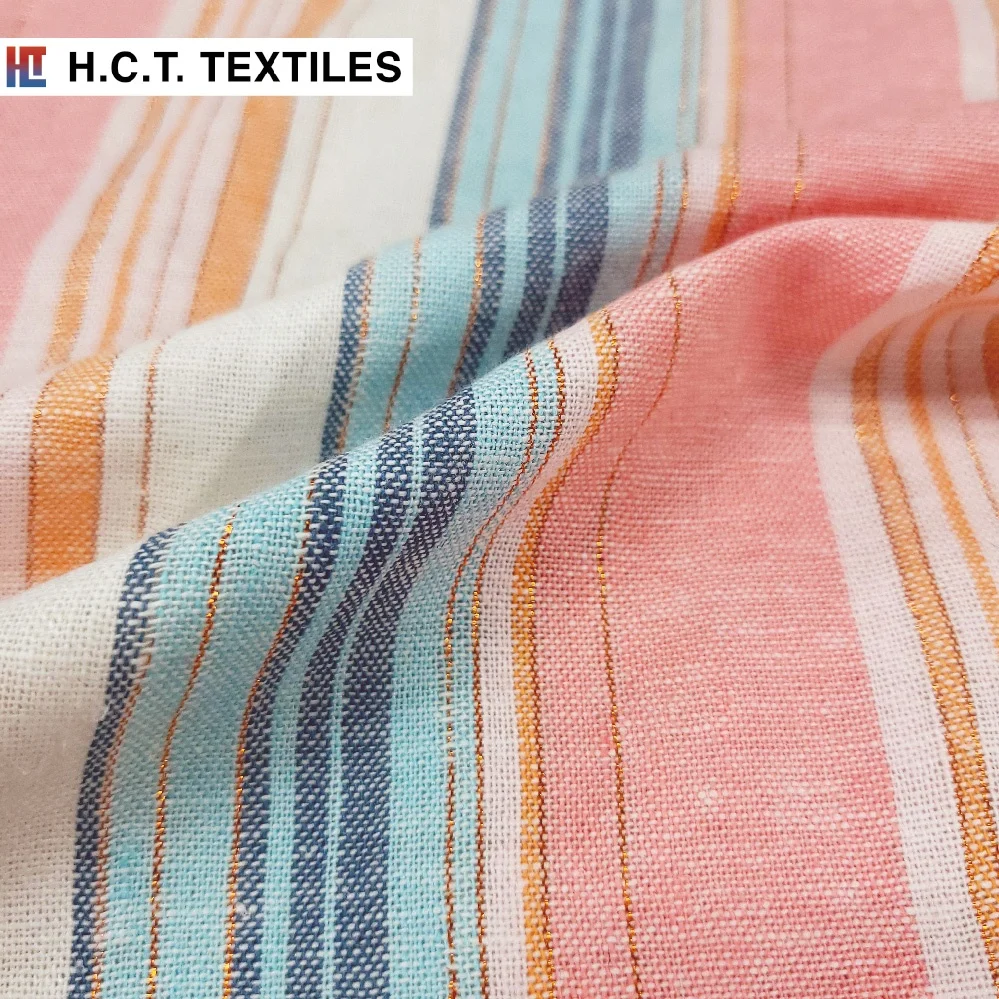 Весенне-летняя многоцветная ткань из вискозы и льна с металлическими полосками 190 г для платья