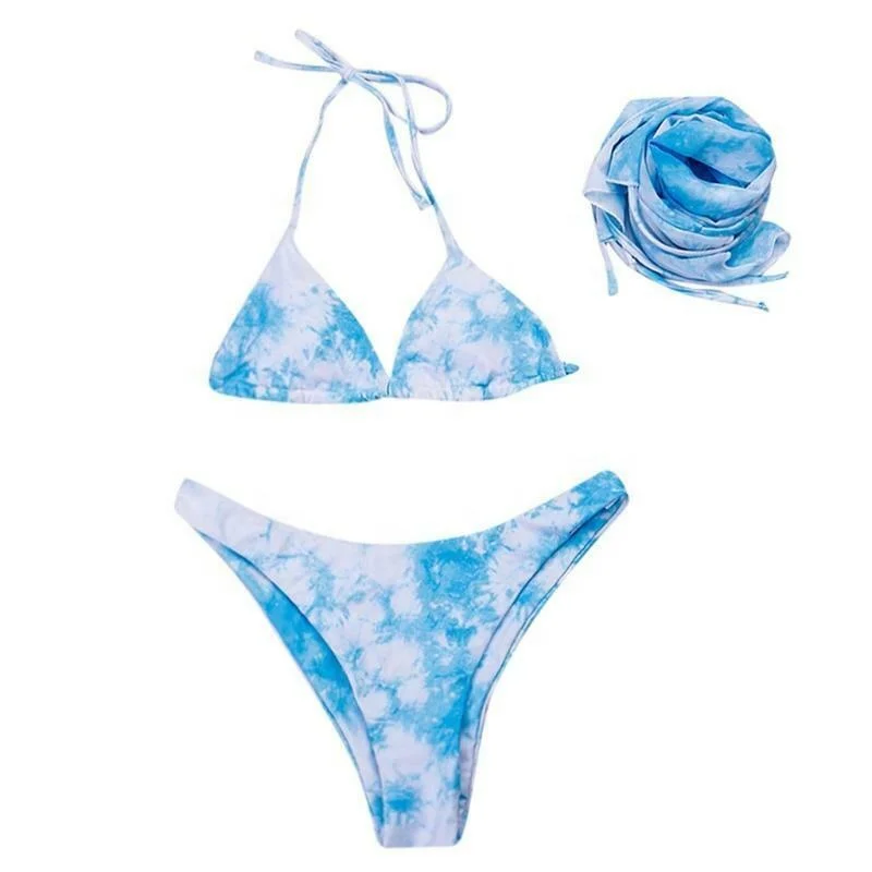 Women Sexy Tie-Dye 3pcs Bikini Set Green  Halter Triangle Swimsuit with Sarong Skirt Wholesale Multicolor Tie-Dye Bikini Set