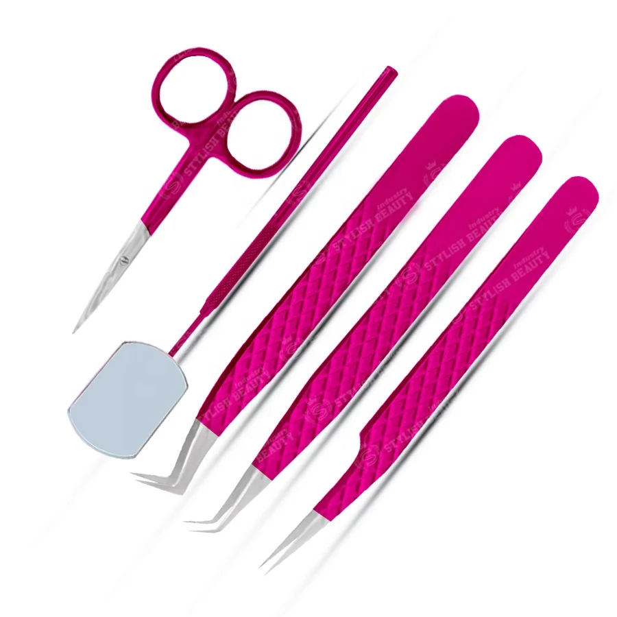 High Quality Professional Eyelash Extension Tweezers Hot Pink Color Custom Logo Eyelash Tweezers With Mirror And Scissor Set