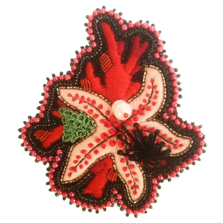 Custom Brand 9 cms Bullion Kora Silk Thread Embroidered Handmade Miyuki Beads Made Starfish Coral Brooches at Bulk Price