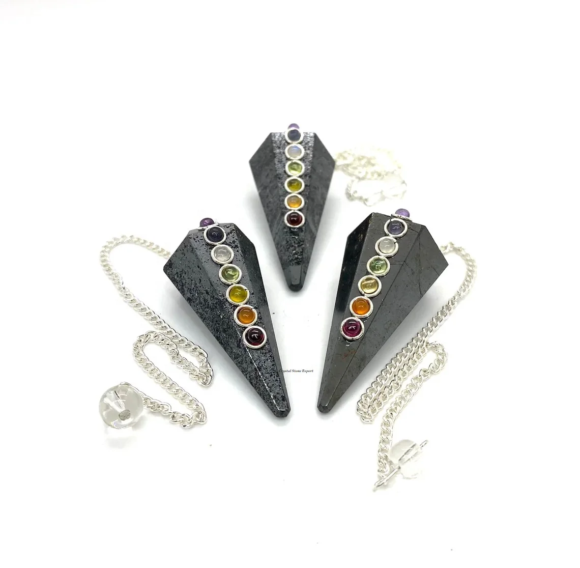 Hematite Crystal Pendulum with Chakra Stones : Reiki Healing Gemstone Pendulums : Dowsing Pendulum