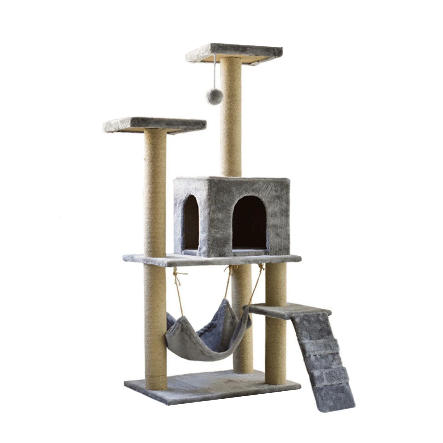 Gray beige color large wood multi level cat furniture scratching sisal post cat tree tower