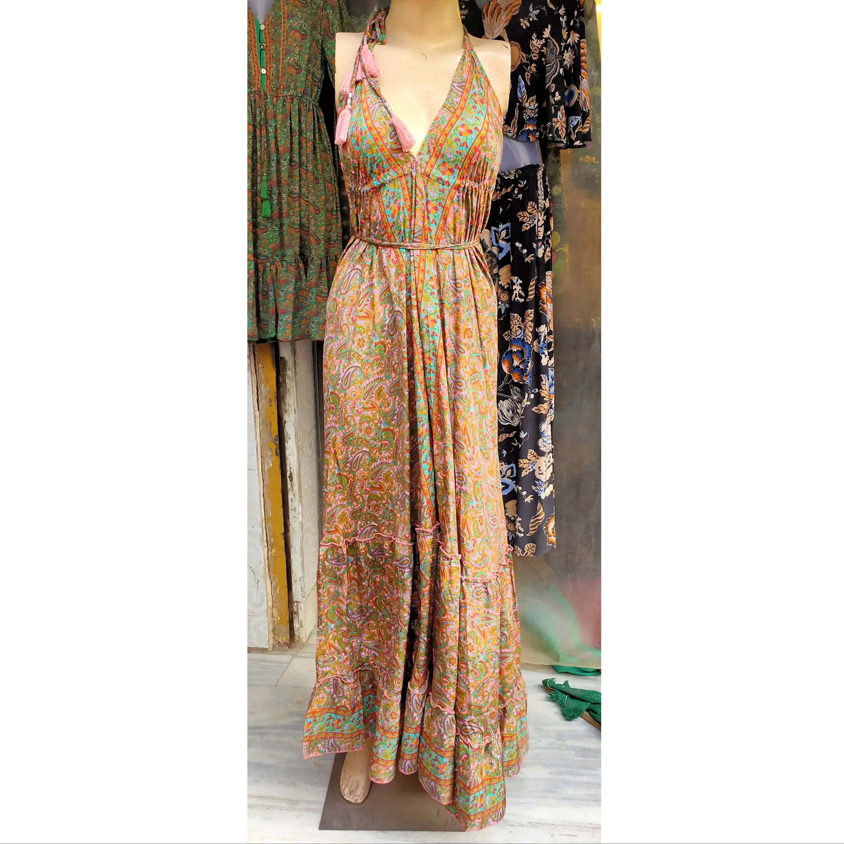 Ladies Printed Silk Long Dress Vintage Design Bohemian Women New Vacation V Neck Boho Casual