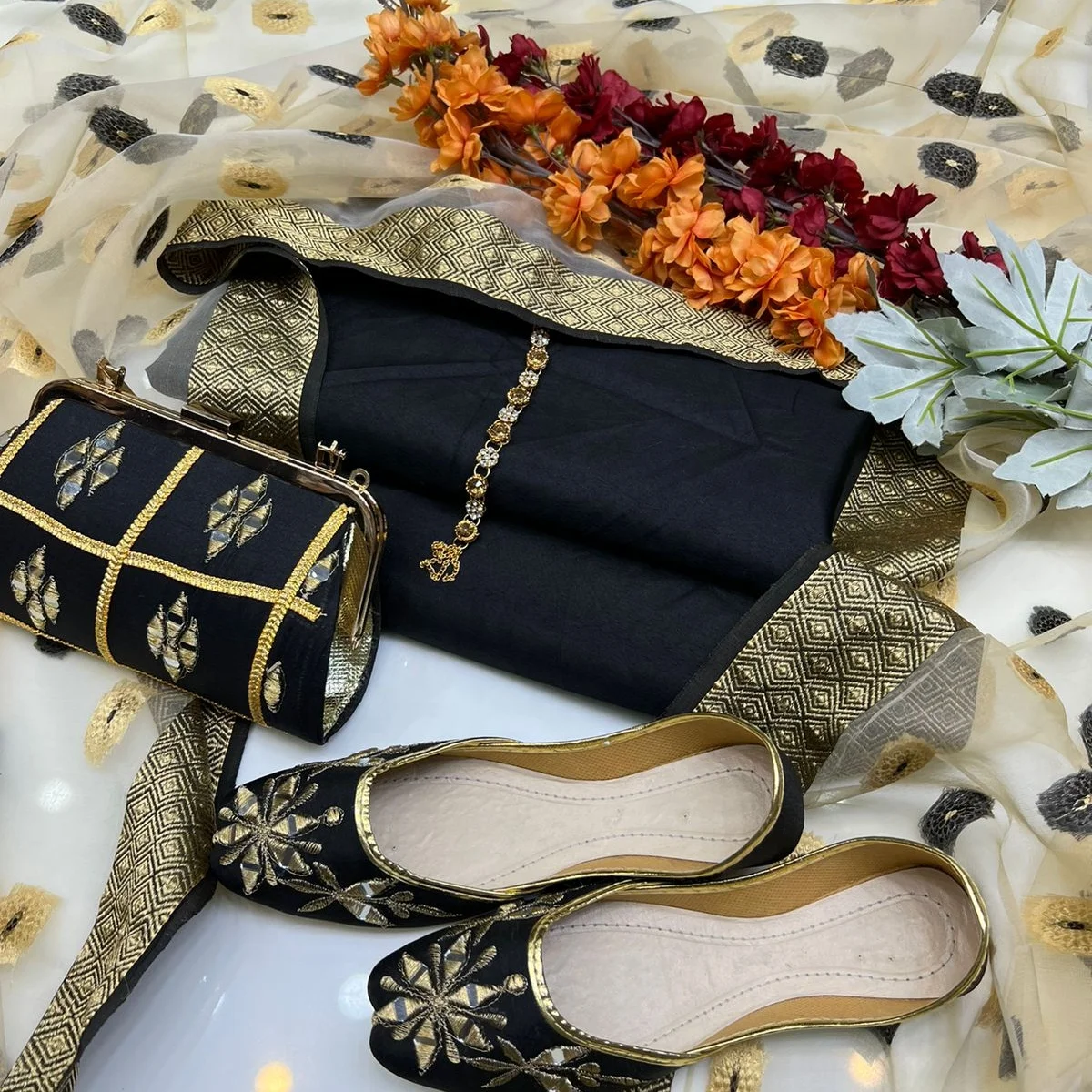 Pakistani Women Clothing 3 Piece Kattan Silk Suit with Printed Organza Dupatta with Clutch & Khussa