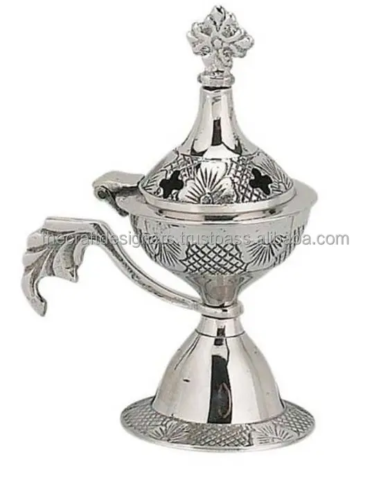 Silver Finished Brass Incense Burner Cross on Top Table Decorative Wholesale Quality Incense Burner Religious Fragrance Burner