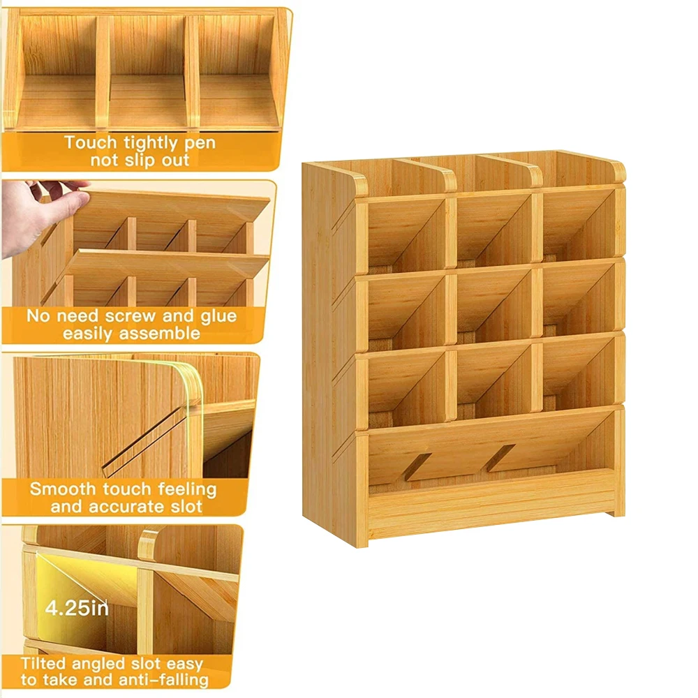 Desk Organizer With 13 Drawers Wooden Pen Holder for Pencil Marker Bamboo Desktop Stationary Organizer for Home Office