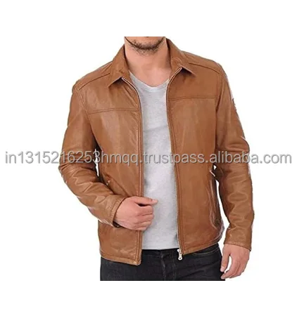 natural Leather Sheepskin  Zipper  Brown Men Biker Jacket with Quilted Viscose Lining Inside Outside Pocket 2024 design