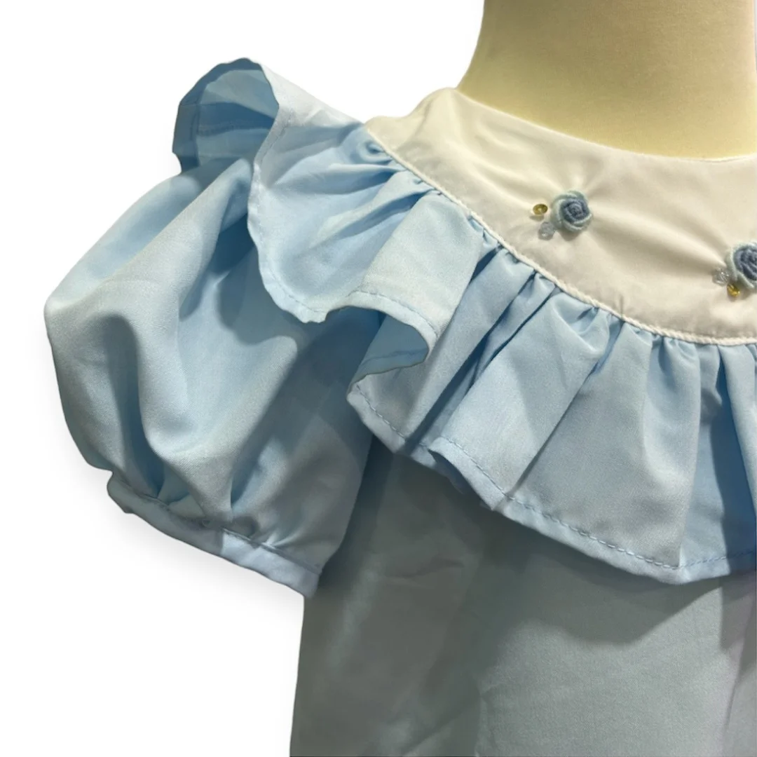 2024 Custom Color Baby Embroidery Dress Summer Cap Sleeve Pleated Ruffle Cotton Kids 1-12 Yrs Casual Girls Clothes Daily-Azure