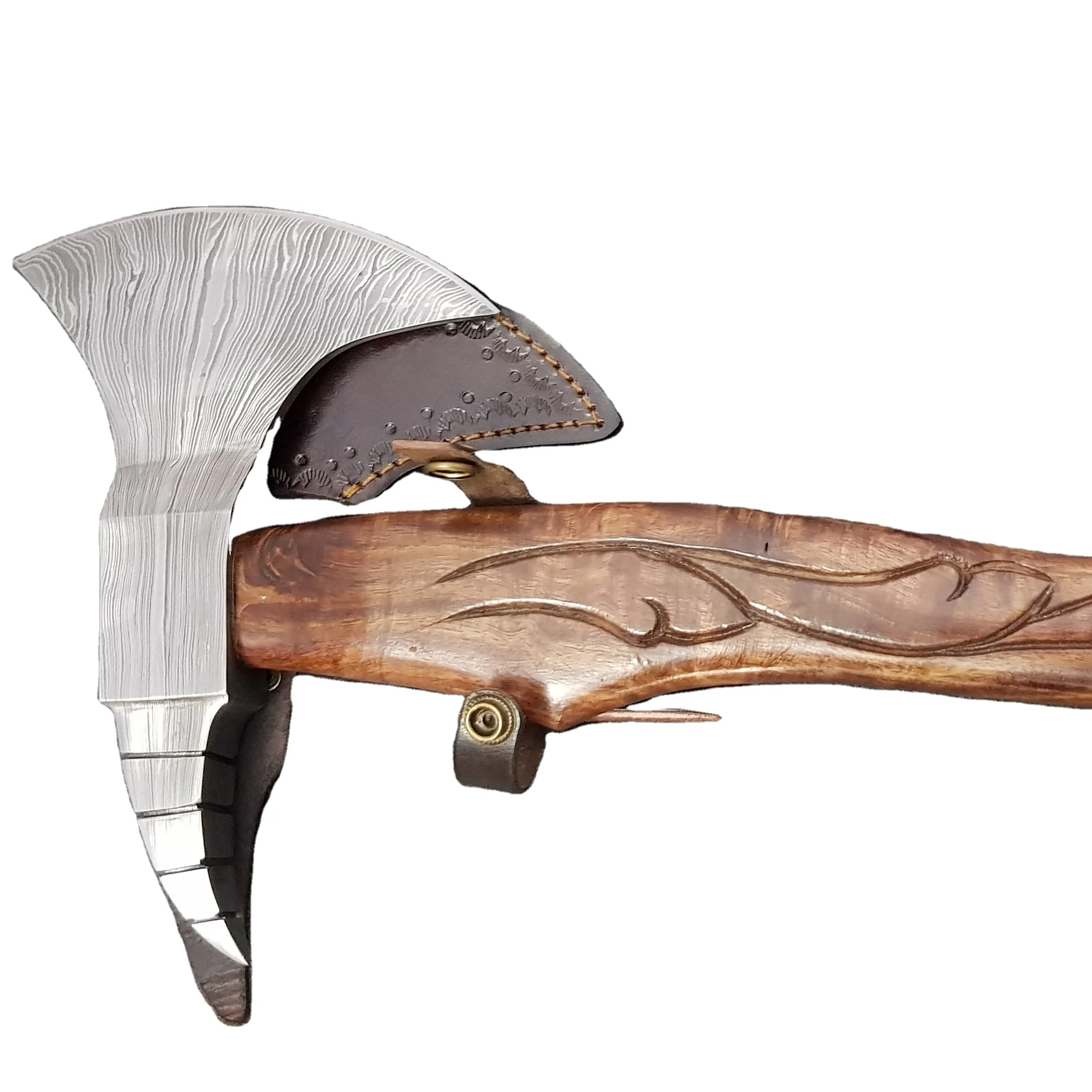 Damascus steel axe with rose wood engraved handle