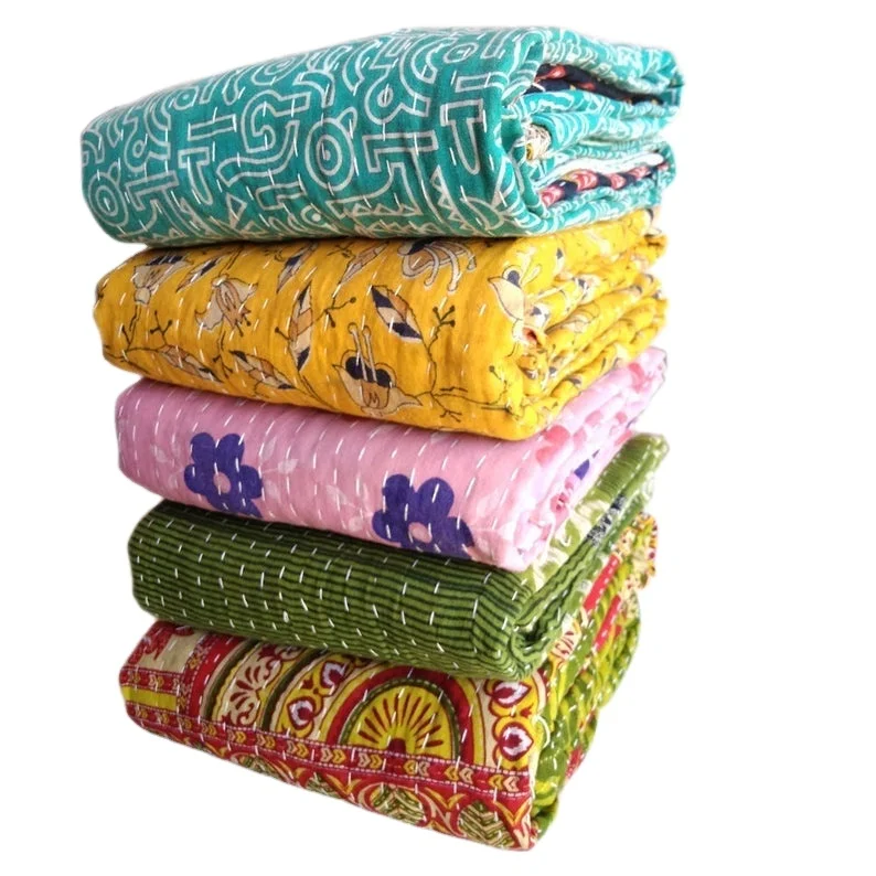 Wholesale Lot Indian Vintage Kantha Quilt Handmade Throw Reversible Blanket Bedspread Cotton Fabric