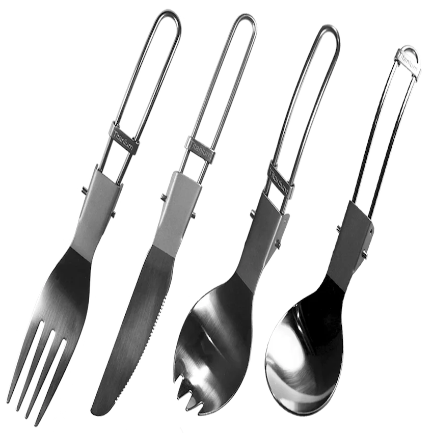CAMPING HIKING PORTABLE CUTLERY FOLDING TITANIUM 4 PIECE TABLEWARE SET(SPOON,SPORK,FORK,KNIFE)