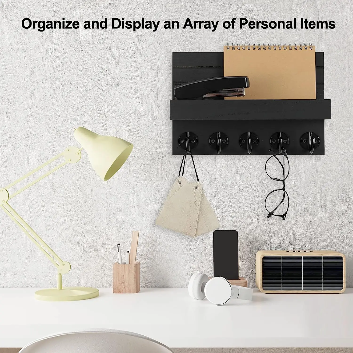 Decorative Key and Mail Holder with Shelf Has Large Key Hooks for Bags, Coats, Umbrella Key Holder for Wall