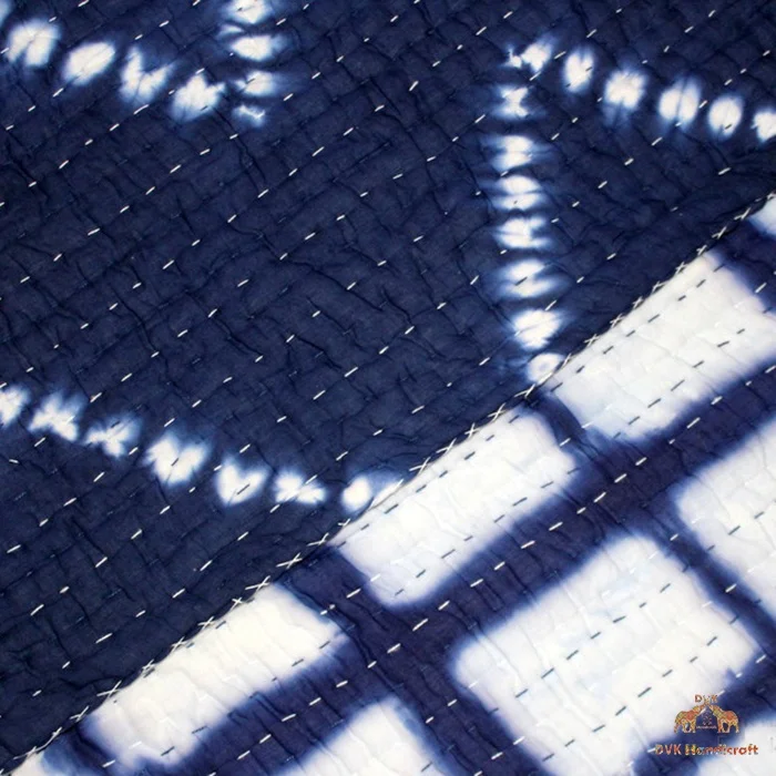 High Quality Cotton Printed Shibori Tie & Die Hand Printed Kantha Quilt Vintage Hand stitched Cotton Blanket Blue Quilt