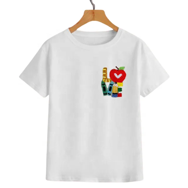 Fashion Luxury 100% Cotton Back-to-school T-shirt Custom Summer Casual Women O-Neck Beadwork T-shirts