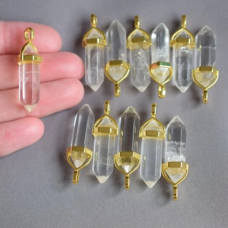 Natural Clear Quartz Golden Crystal Double Point Pendant Wholesale Crystal Crafts Hexagonal Magic Jewelry Necklace Pendants
