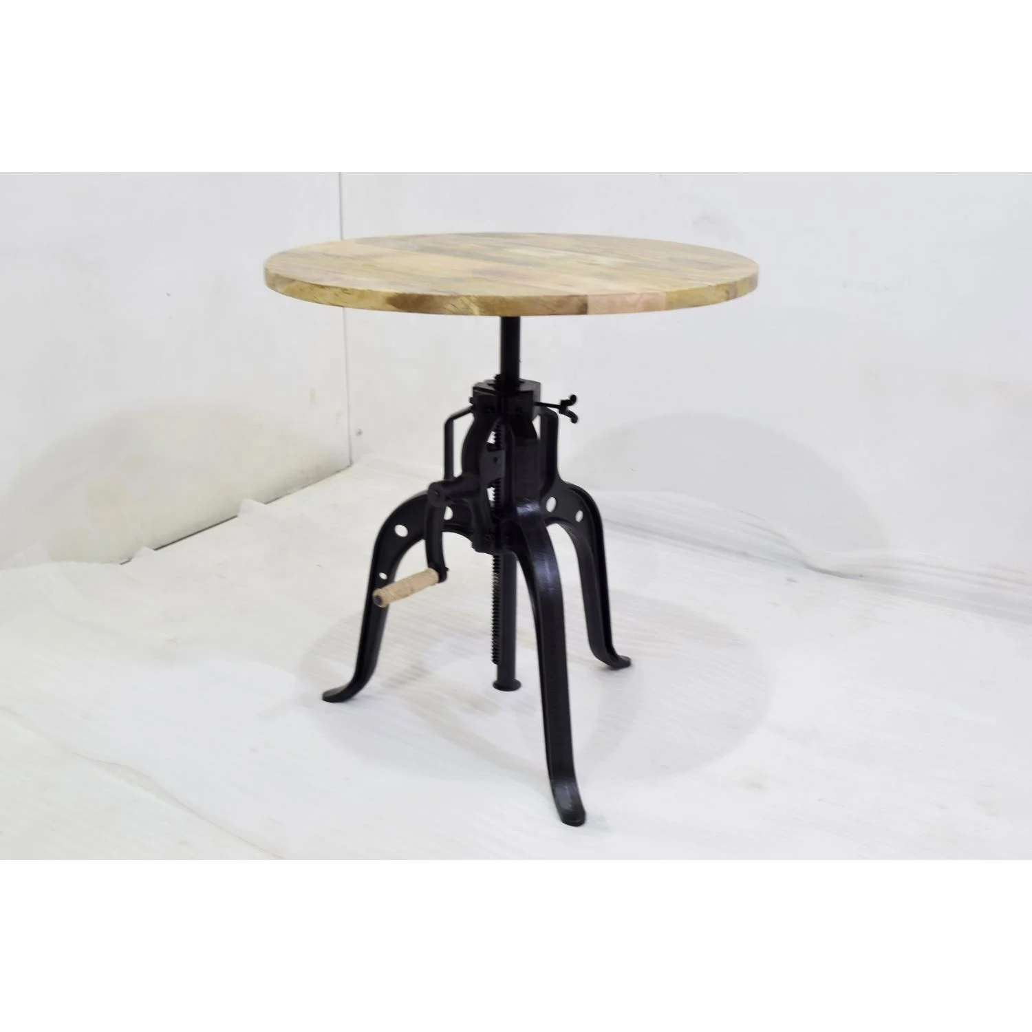 Cast Iron Hand Adjustable Crank Mechanism  Dining  Round Mango Wood Top Cafe Restaurant Table