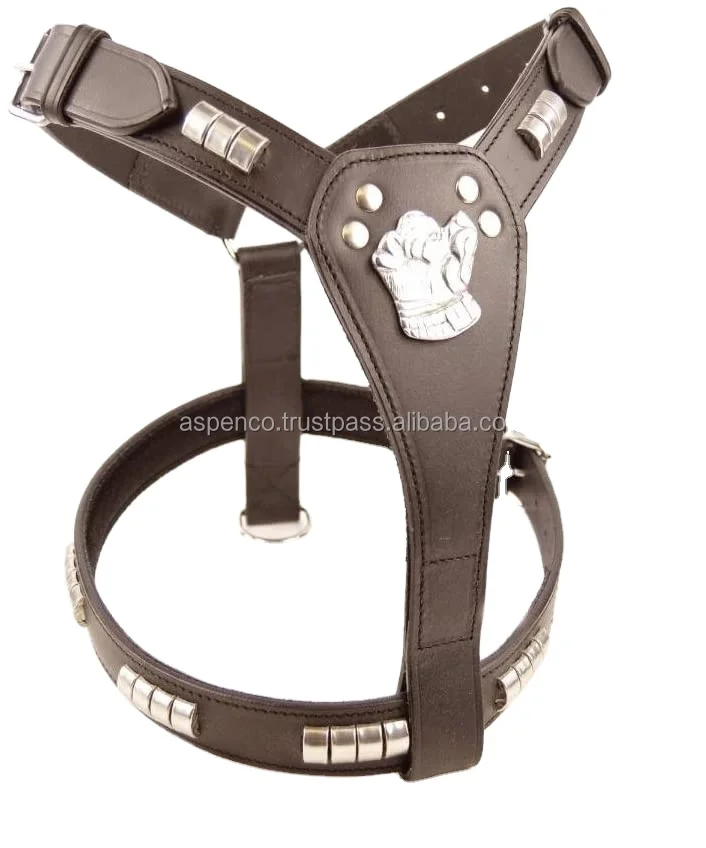 Leather Dog Harness Staffordshire Bull smart Terrier Dog Chrome Studded Leather Harness Brown Dog Harness