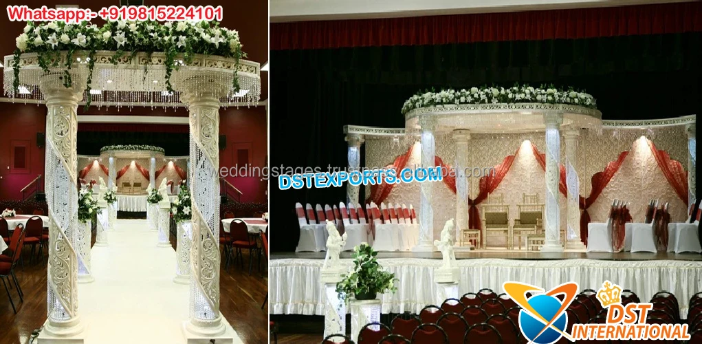 Best Traditional Indian Wedding Mandap Design with Arch Shape Square and Triple Pillars Trending Pipe and Drape Decorations