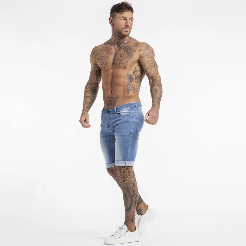 No MOQ Fashion Blue Men Plain Short Jeans Pants Casual Slim Fit Rolled up Cuff Stretch Skinny Shorts