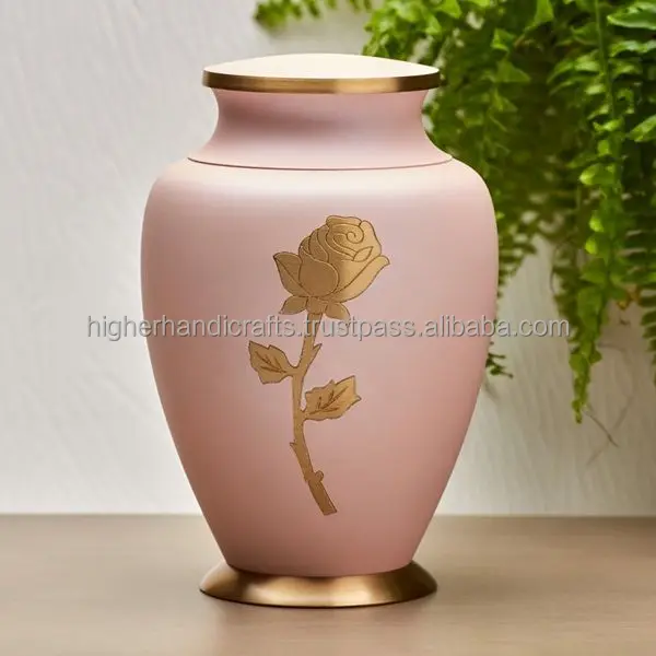 MODERN BEAUTIFUL PINK BRASS URN FLOWER ENGRAVED CREMATION for ASHES of ADULTS FUNERAL SUPPLIES