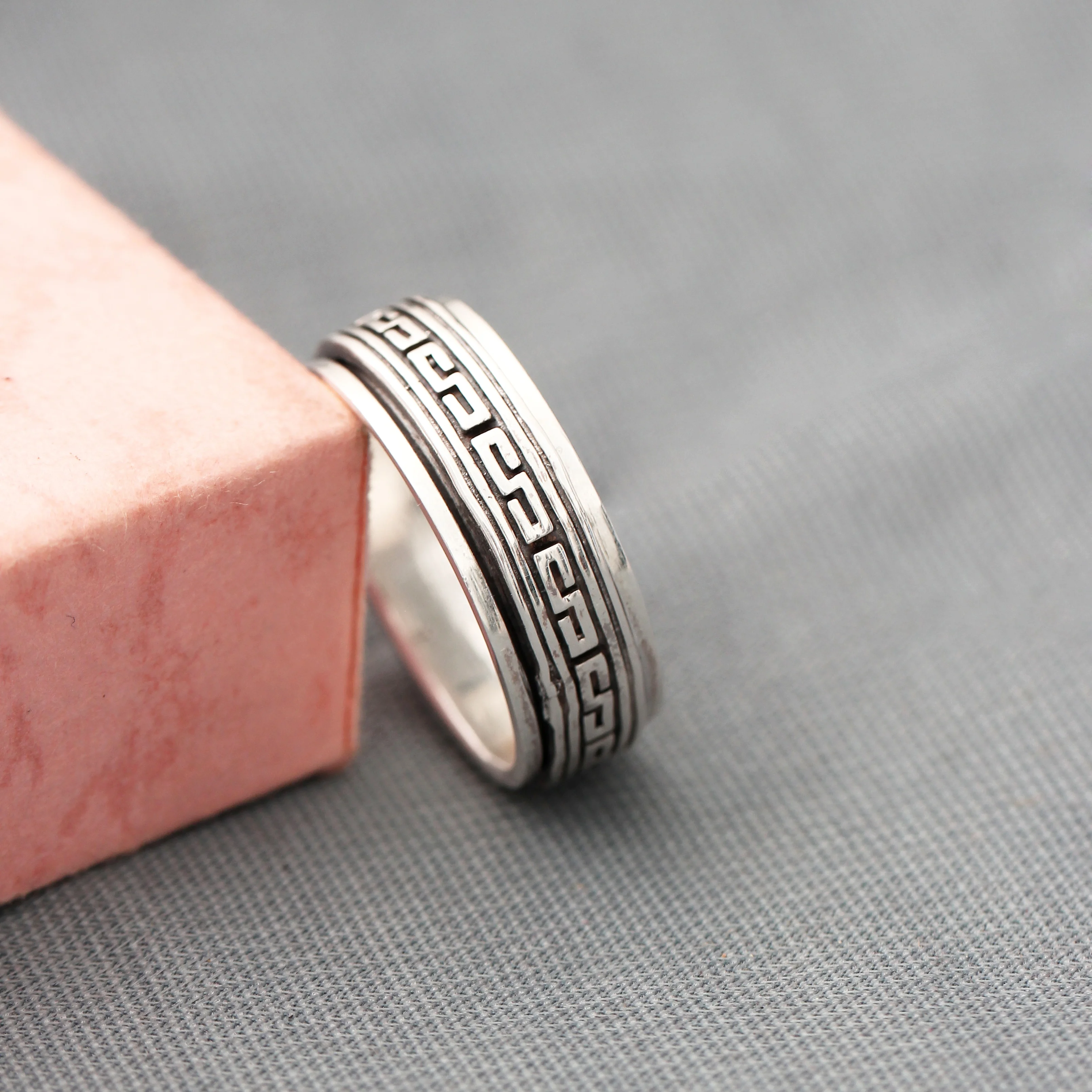 Silver Aztec Greek Key Spinner Ring, Anxiety Relief Thumb Ring Jewelry