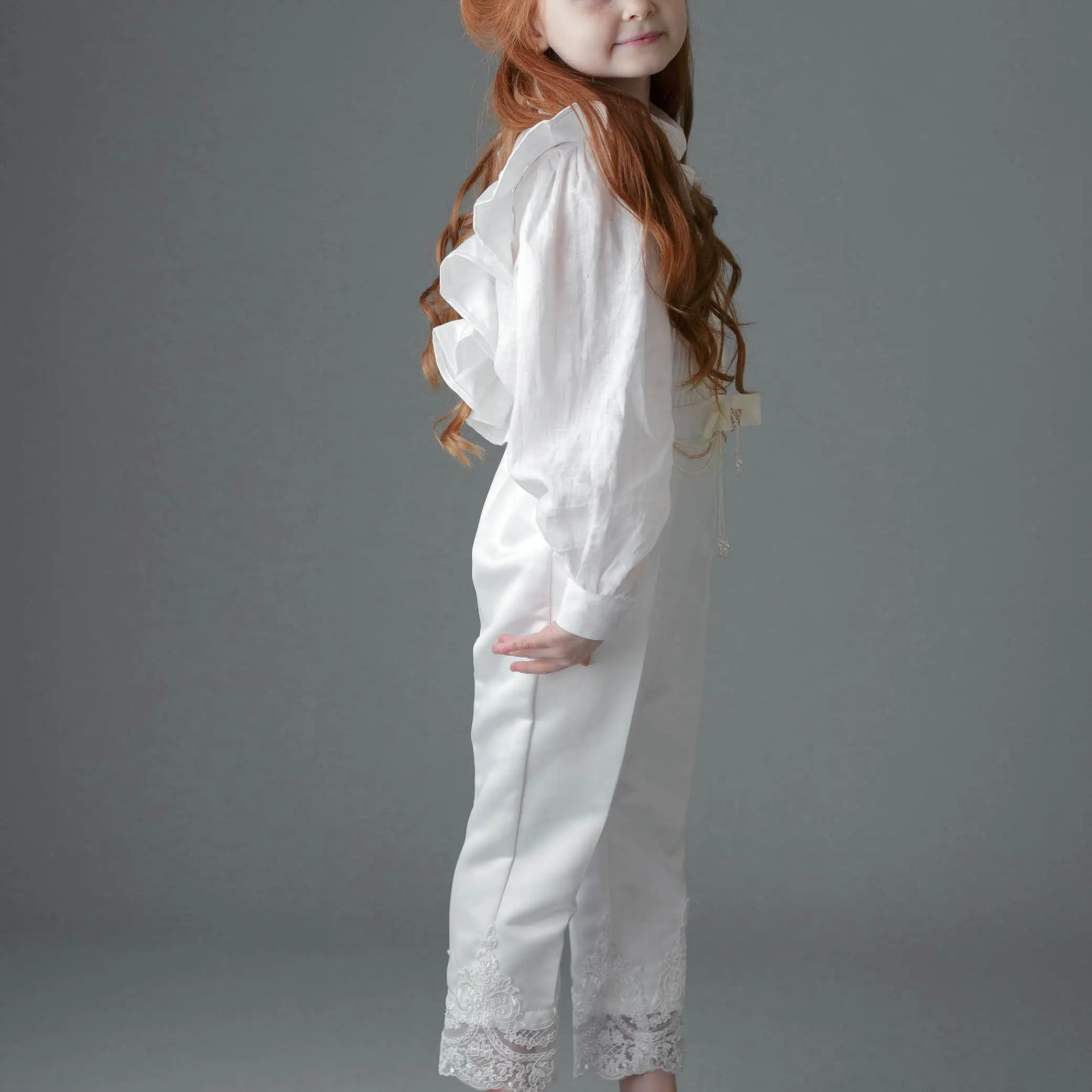 Royal Girl Clothing Set Kid Wear Beading Embroidery Cotton Fashion Long Shirt White Pants Girl Clothes Set 2 Pieces-Sophia Set