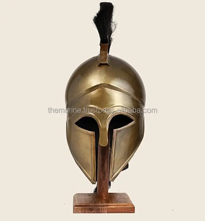 Medieval Knight Spartan Greek Corinthian Helmet With Black Hair Plume & Wooden Stand  Halloween Party Costume For Adults .