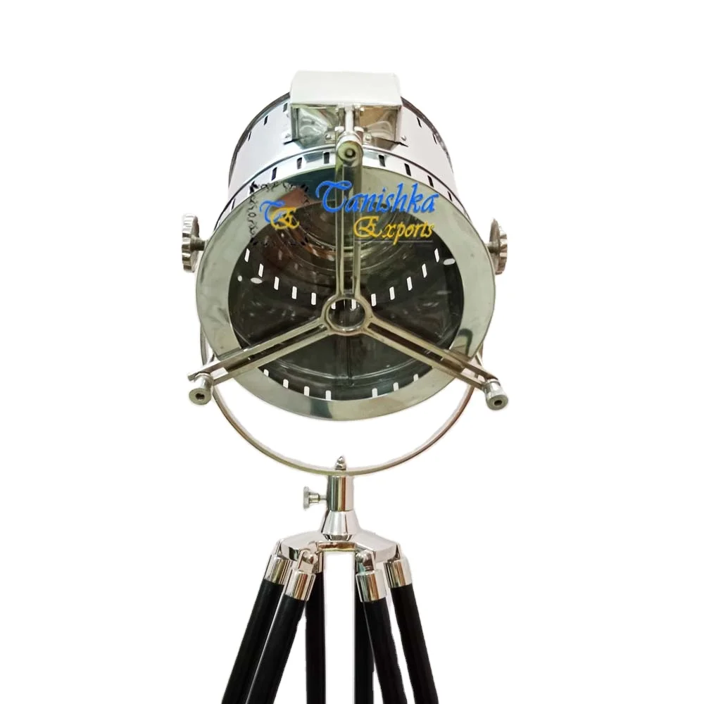 Vintage Decorative Nautical Marine Searchlight with Wooden Tripod Floor Stand Home Bedroom Corner Decor Spotlight