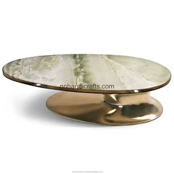 Direct Manufacturer Aluminium Metal Golden Antique Color White Marble Oval Coffee Table Modern Coffee Table For Dining Living