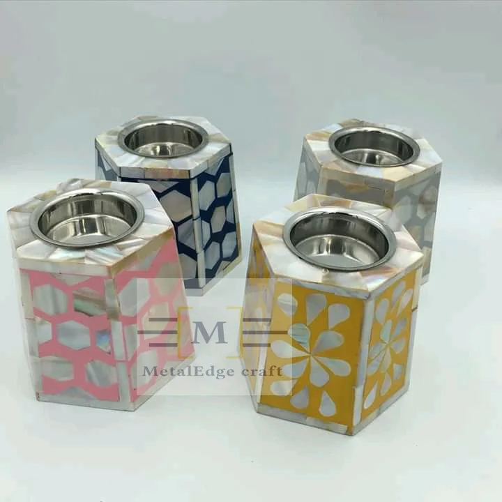 Mother of pearl hexagon candle holder unique home addition set of 4 candle holders lanterns and candle jars