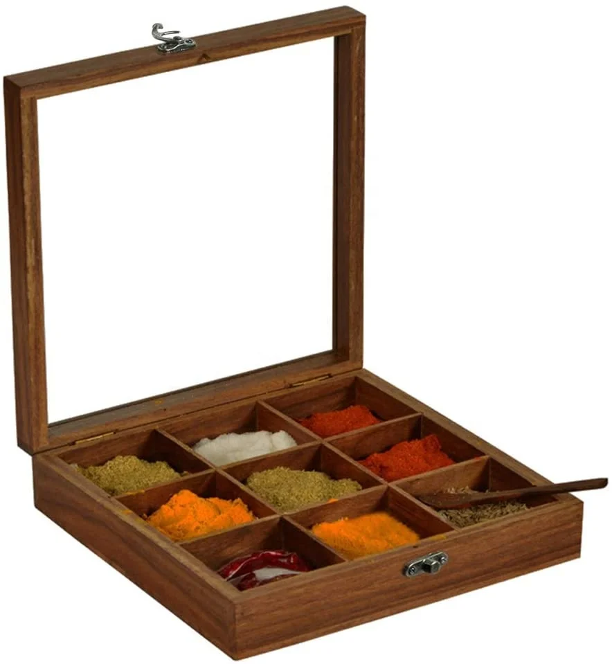 Sale Spice Box With Spoon In Acacia Wood Spice Box For Kitchen Indian Wood Container With Lid Decorative Kitchenware