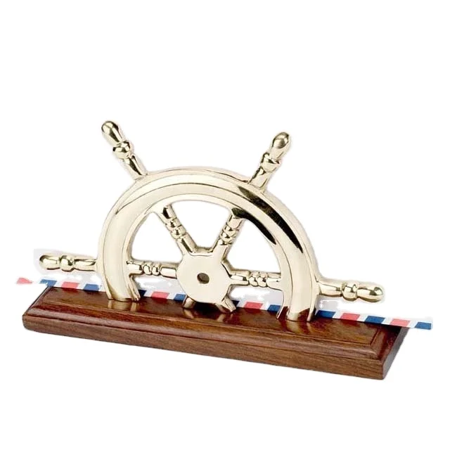 Custom Printed Brass Ship Wheel Card Holder Metal Table Top Nautical Decorative Gift Envelop on Wooden Base