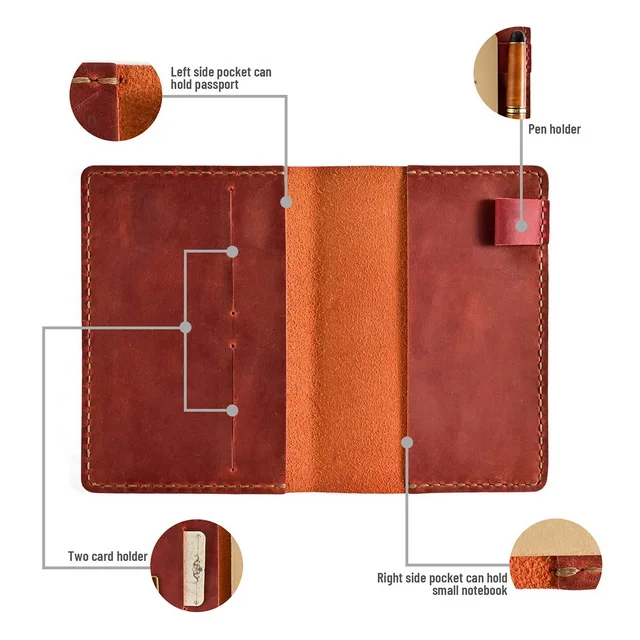Vintage Crazy Horse Leather Planner Travel Journal Refillable Writing Notebook With Card Holder