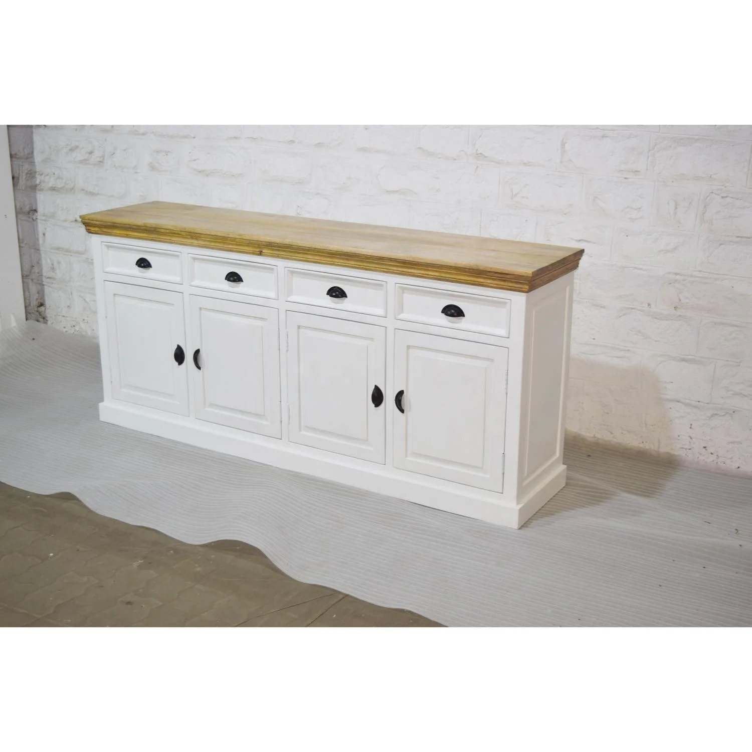 Classic French White & Brown Top Long Storage Drawer Sideboard for Kitchen Dining Living Room or Workshop