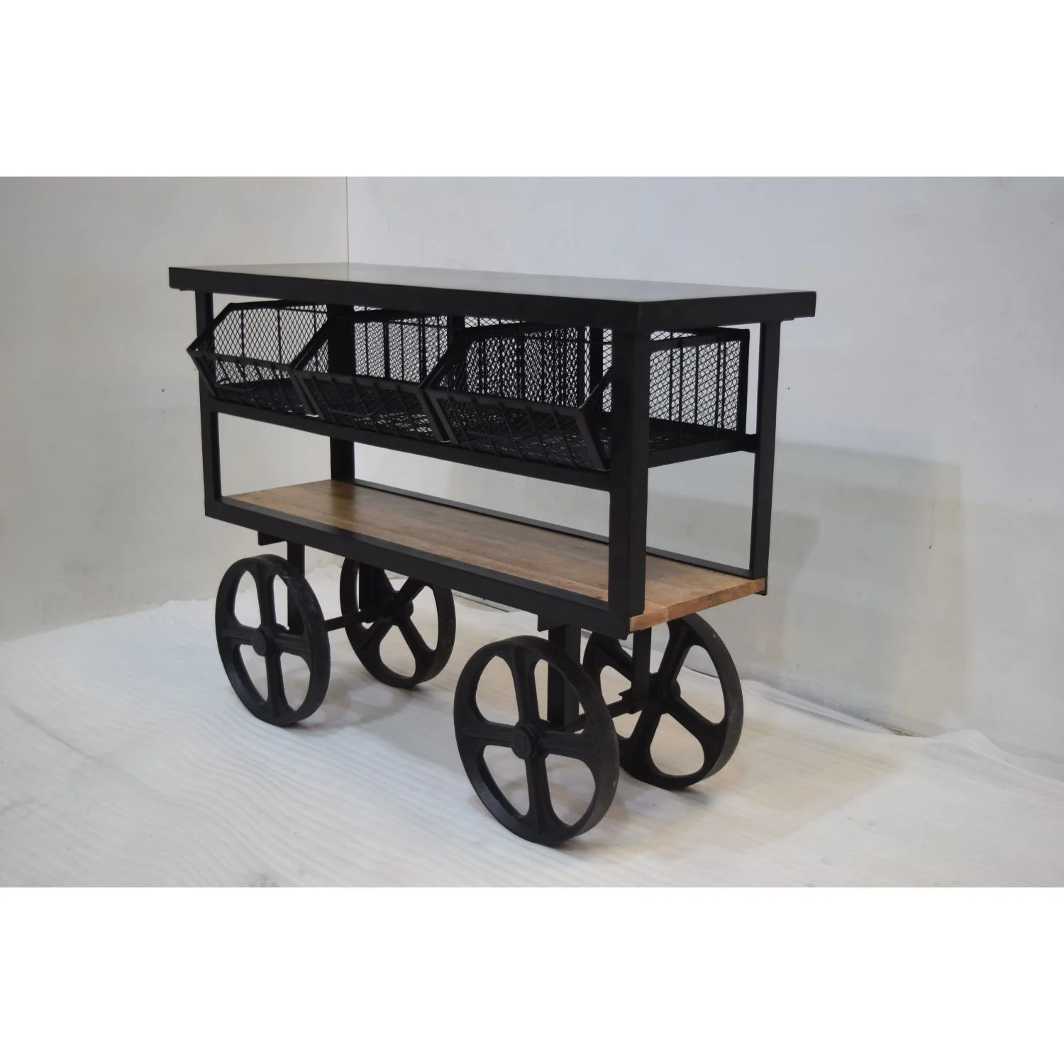 Iron Mesh 3 Bin Shelf 4 Cast Iron Wheels Industrial Retro Style Retail Store Display Storage Trolley