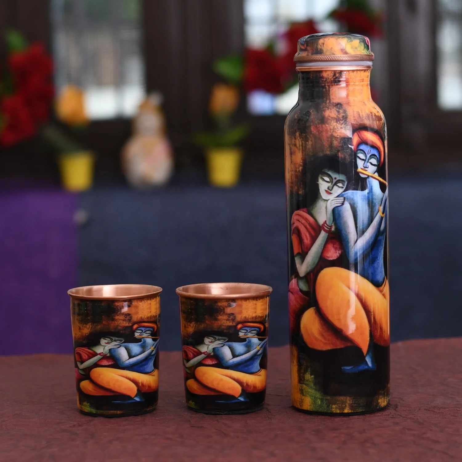 Trendy New Elegant Copper Water Bottle Printed Design Ayurvedic 1000 ML Leak proof Joint Free Bottle Sports Travel For Sale