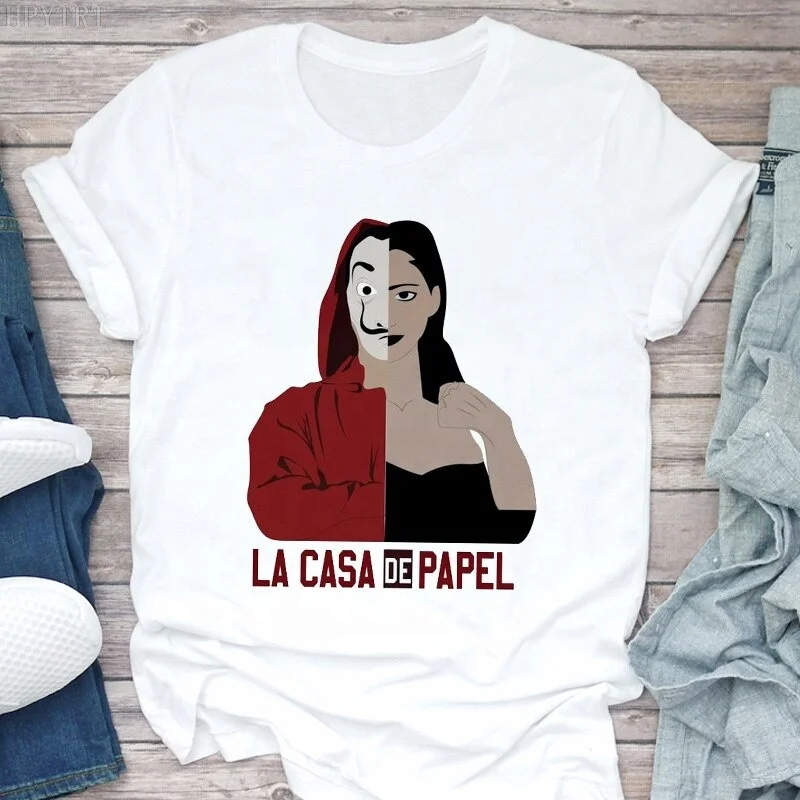 Custom Logo Embroidery T Shirts Custom OEM Summer New Money Heist Harajuku Women T-shirt La Casa De Papel printed Hip Hop T shirt Fashion House of Paper Female DTG Printing design Tee Shirt