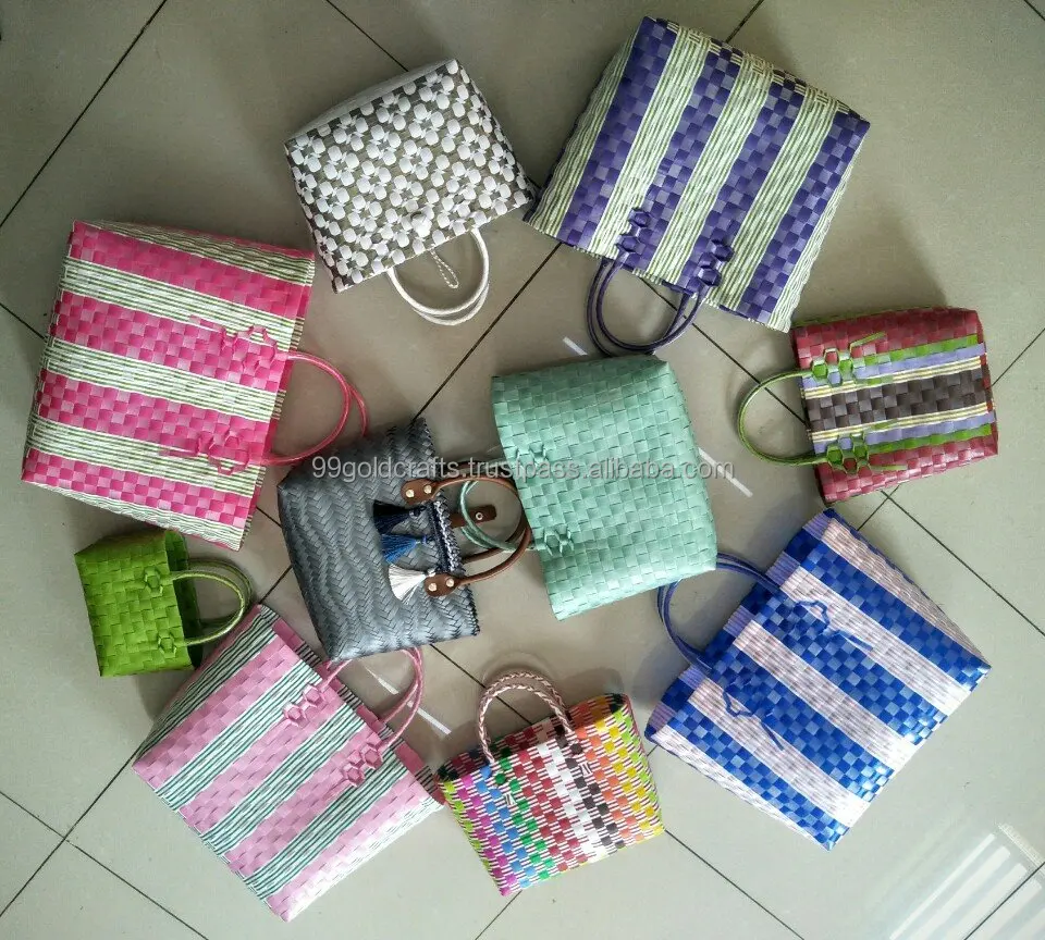 Handwoven Plastic Basket Bag With Leather Handle  - Handmade plastic woven handbag for women Fashion Accessory