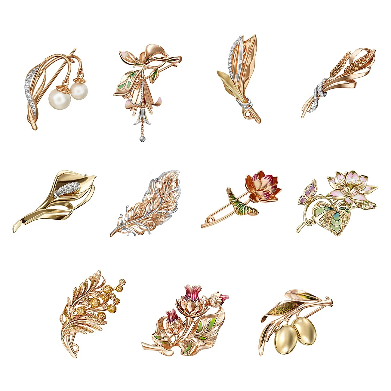 Brooch 14K Solid Rose Yellow White Gold Garnet Cubic Zirconia White Topaz Cultured Pearl Enamel