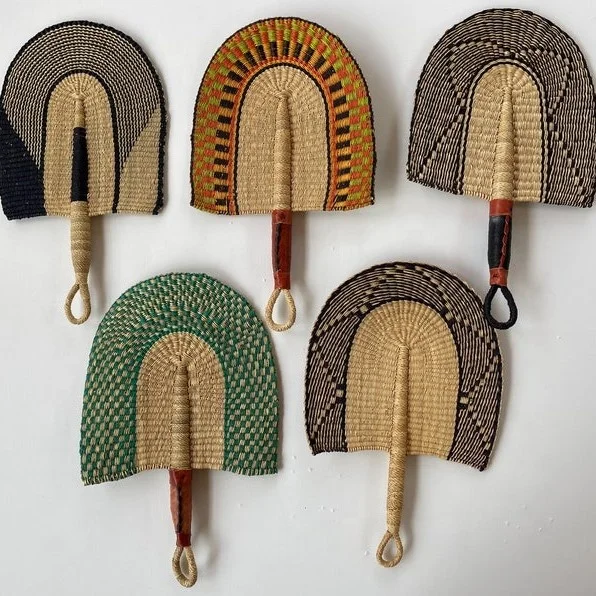 Fan gift set African Hand Fan with Leather Handle Sold Assorted Woven Seagrass Grass Fan Small multi Functional colorful