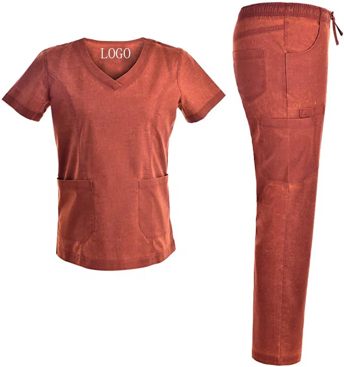 Medical Scrubs Doctor Hospital Uniforms Women Stretch V Neck Set Fashion Nurse Uniform Style 9 Pockets Workwear Top and Pant